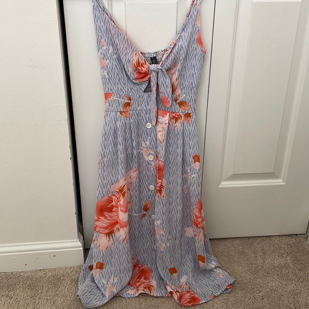 FANCYINN Womens Floral Prints Tie Front Button Down Spaghetti Strap Midi Dress